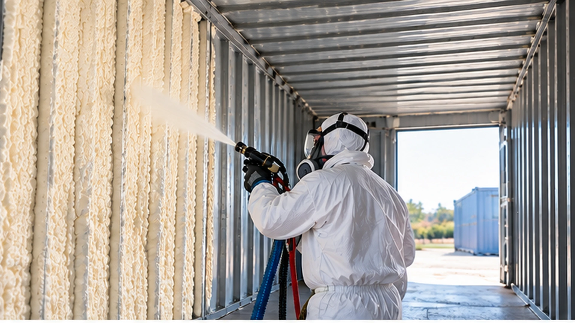 Applicateur projetant de la mousse polyuréthane sur la paroi intérieure d'un container métallique