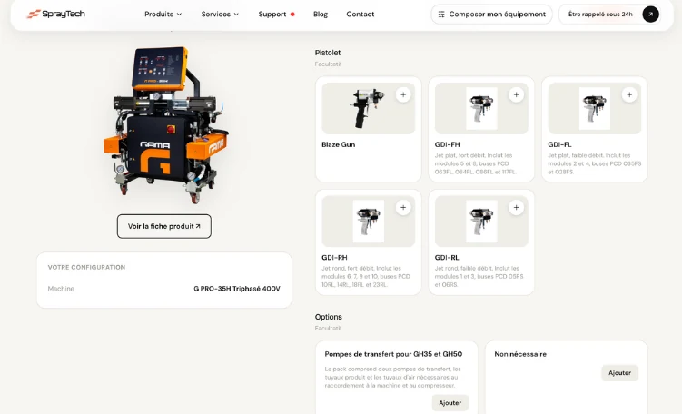 Aperçu du configurateur de machines Spraytech : sélection du pistolet compatible
