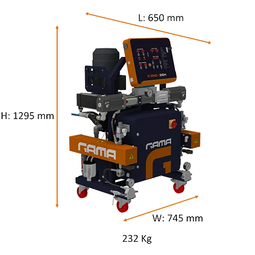 Schéma de la G PRO-35H avec ses dimensions : hauteur 1 295 mm, largeur 745 mm et longueur 650 mm